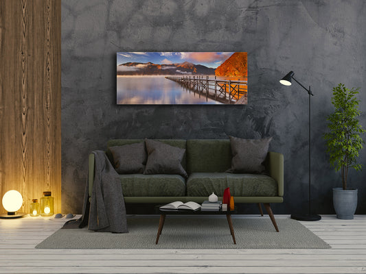 Modern Glass Picture – Available in 5 different sizes – Nature Series 01C – Nature Series 01C: Pier on the mountain lake