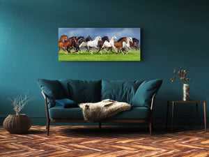 Wall Art Glass Print Picture – Available in 5 different sizes – Animals Series 02: Horses on summer meadow