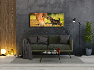 Glass Print Wall Art – Image on Glass 125 x 50 cm (≈ 50” x 20”) ; Horse & Dog