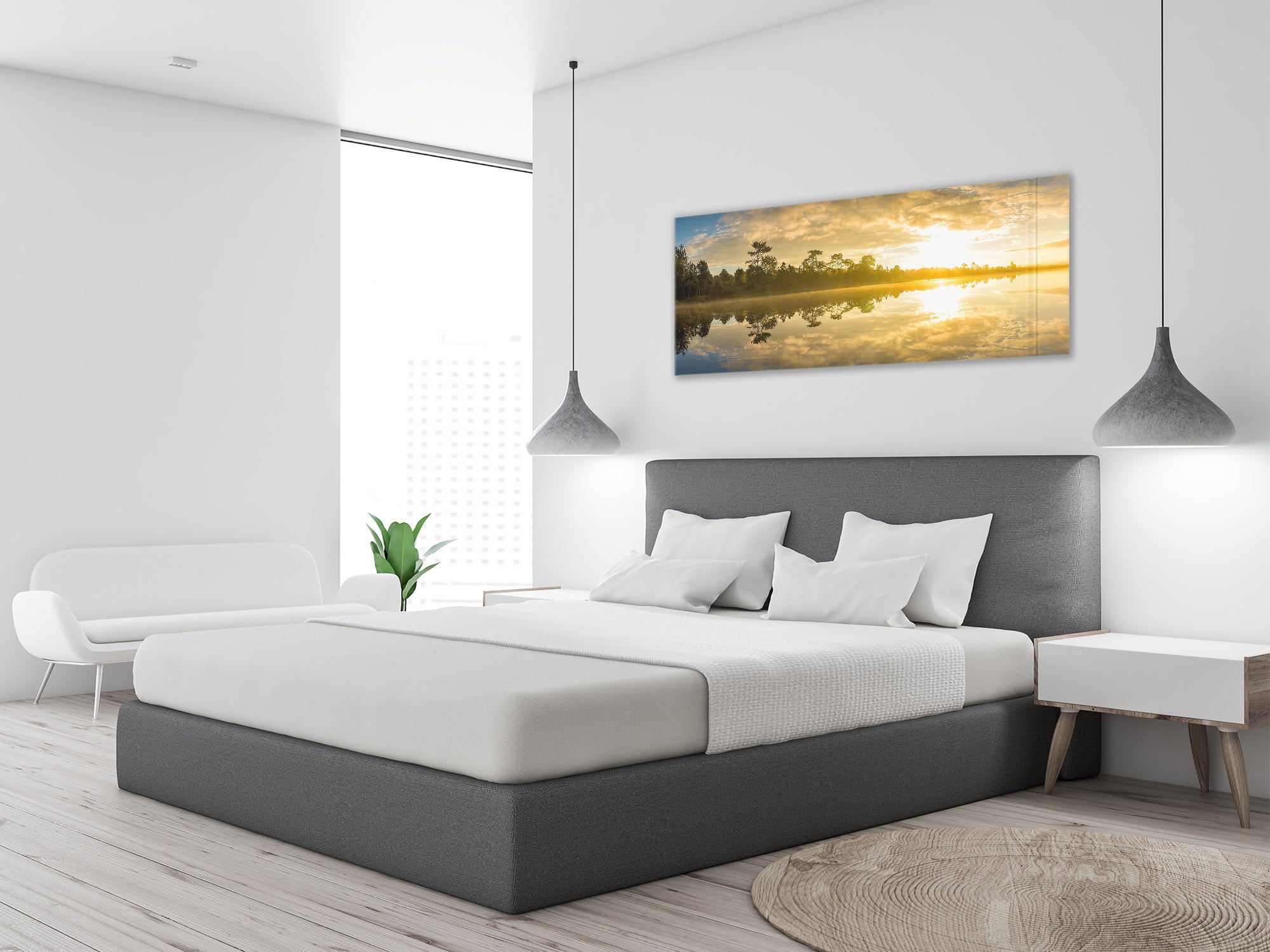 Modern Glass Picture – Available in 5 different sizes – Nature Series 01C: Sunrise over the lake