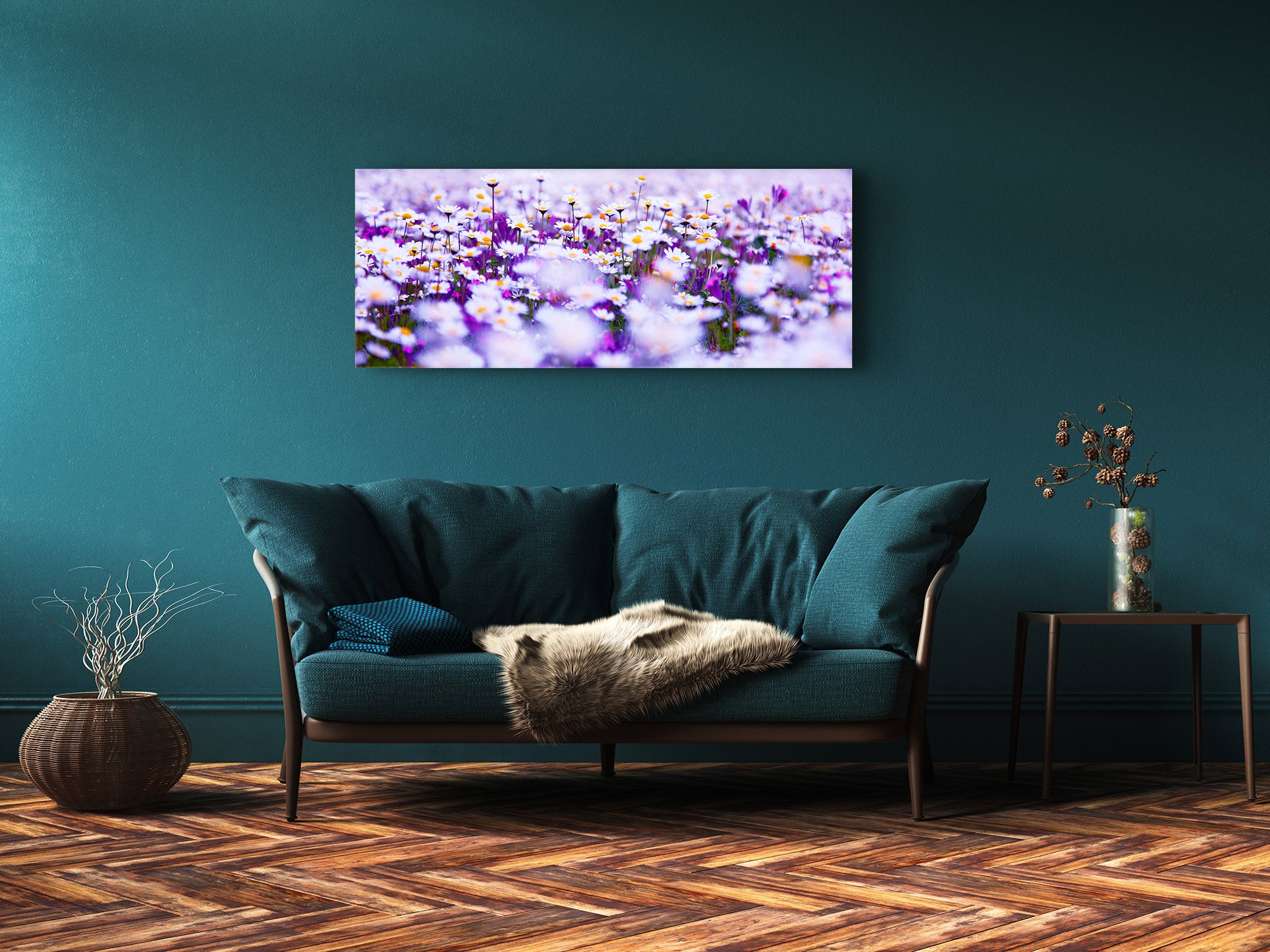 Glass Wall Art – Available in 5 different sizes – Flowers and leaves Series 03: Spring field of white fresh daisies