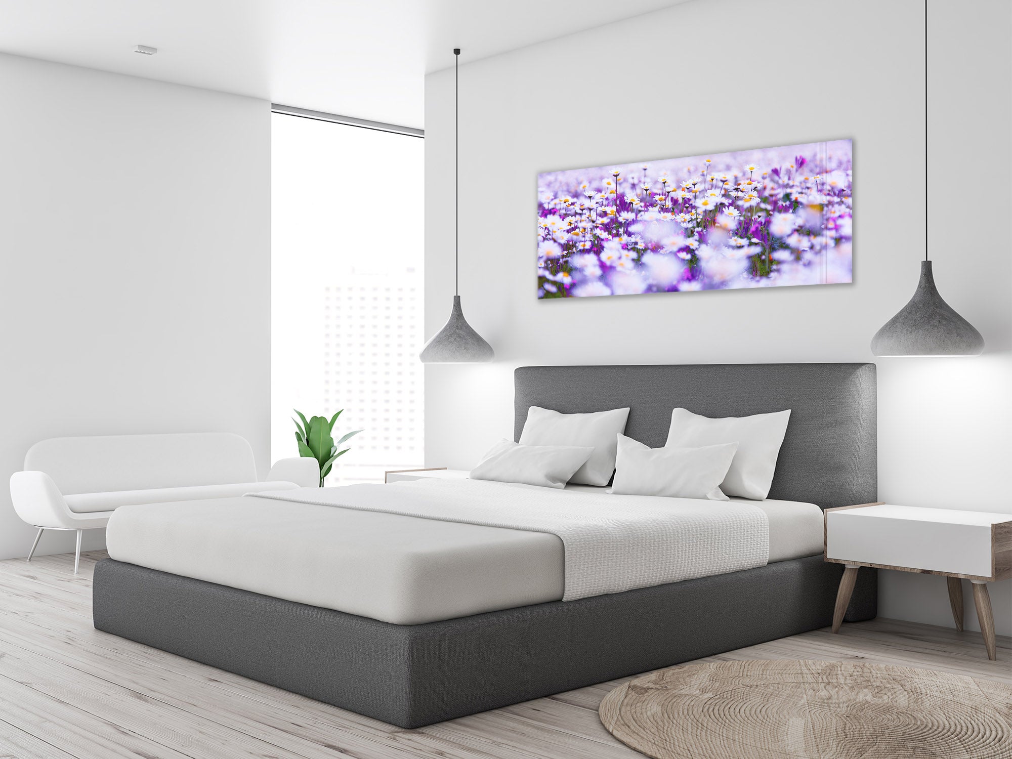 Glass Wall Art – Available in 5 different sizes – Flowers and leaves Series 03: Spring field of white fresh daisies