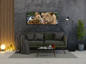 Glass Print Wall Art – Image on Glass 125 x 50 cm (≈ 50” x 20”) ; Lions