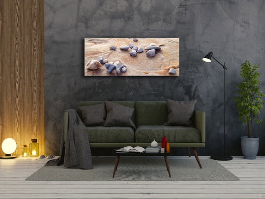 Arte mural con impresión en vidrio: imagen sobre vidrio de 125 x 50 cm (≈ 50” x 20”); Piedras