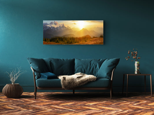 Glasdruck-Wandkunst – Bild auf Glas 125 x 50 cm (≈ 50” x 20”) ; Berge 2