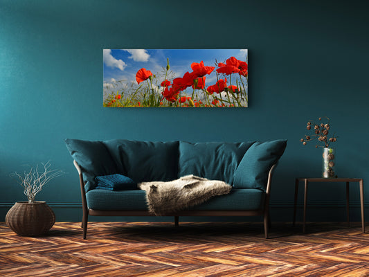 Glasdruck-Wandkunst – Bild auf Glas 125 x 50 cm (≈ 50” x 20”) ; Mohnblumen 2