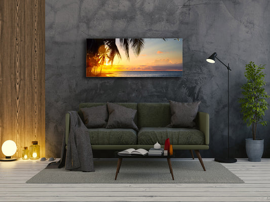Wandbild hinter gehärtetem Glas 125 x 50 cm (≈ 50” x 20”) ; Palmen 1
