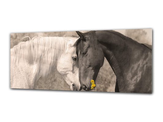 Glasdruck-Wandkunst – Bild auf Glas 125 x 50 cm (≈ 50” x 20”) ; Verliebte Pferde