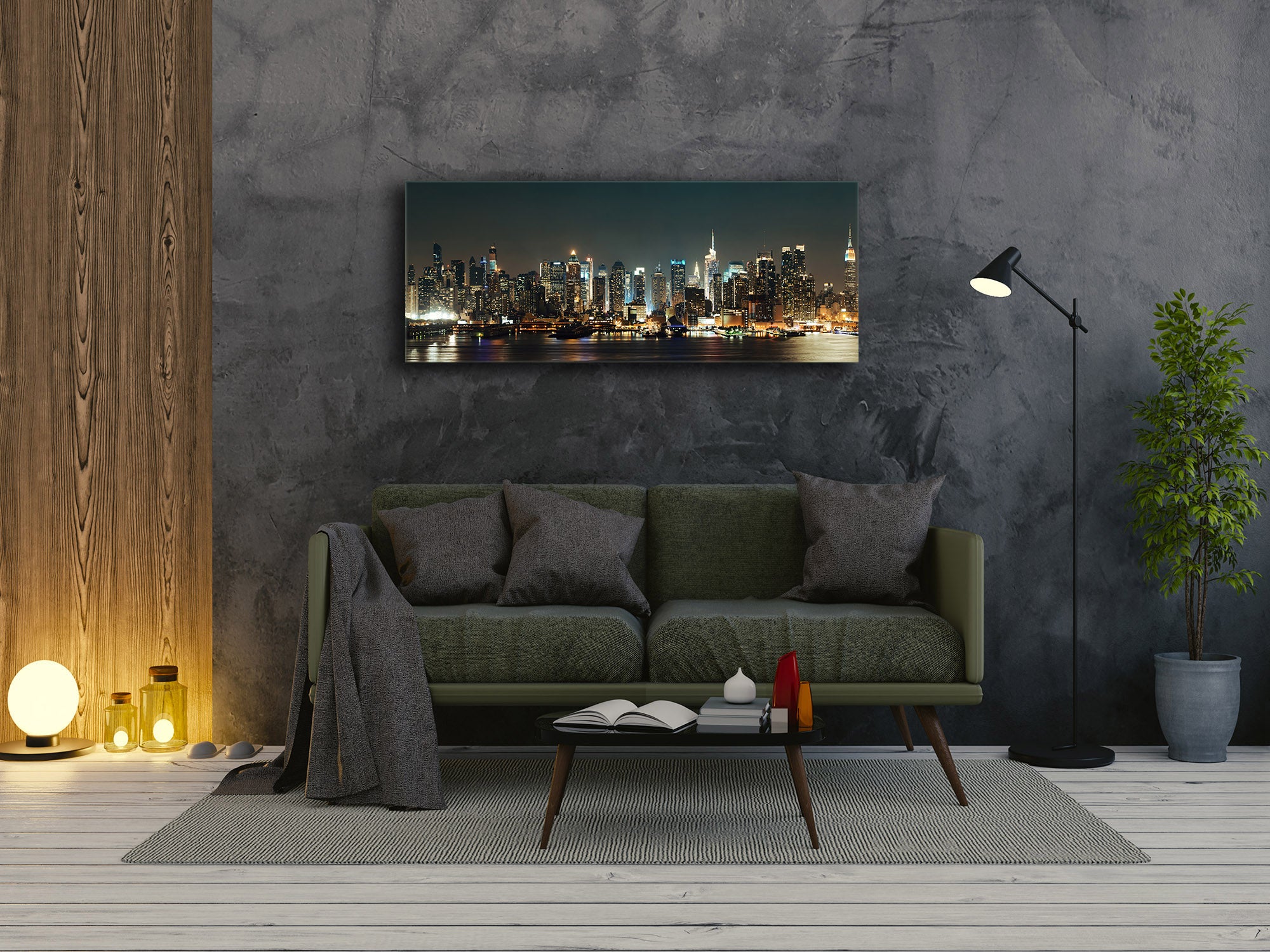 Arte mural con impresión en vidrio: imagen sobre vidrio de 125 x 50 cm (≈ 50” x 20”); Ciudad de noche 12