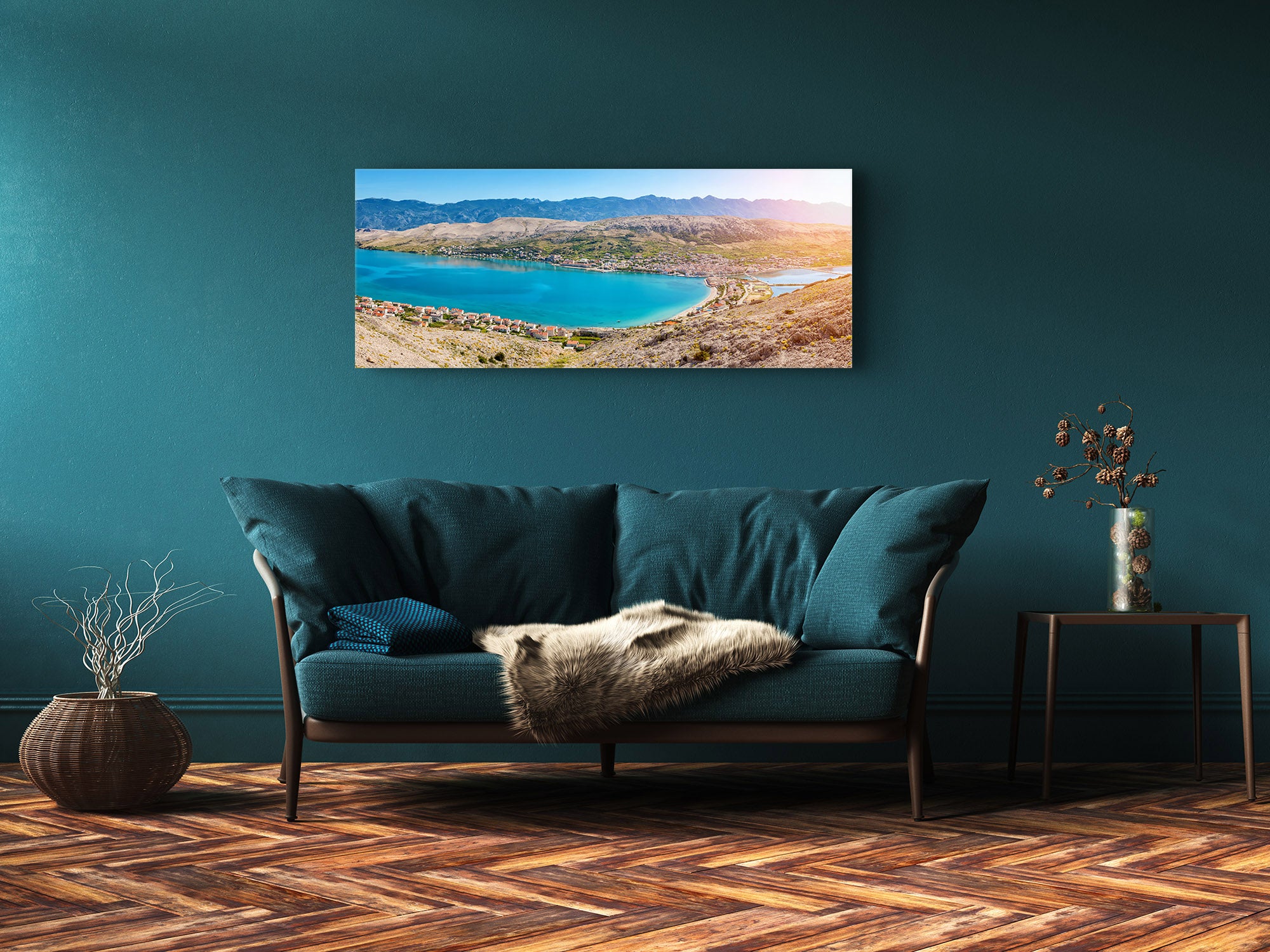 Arte mural con impresión en vidrio: imagen sobre vidrio de 125 x 50 cm (≈ 50” x 20”); Lago 5