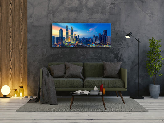 Arte mural con impresión en vidrio: imagen sobre vidrio de 125 x 50 cm (≈ 50” x 20”); Ciudad de noche 18