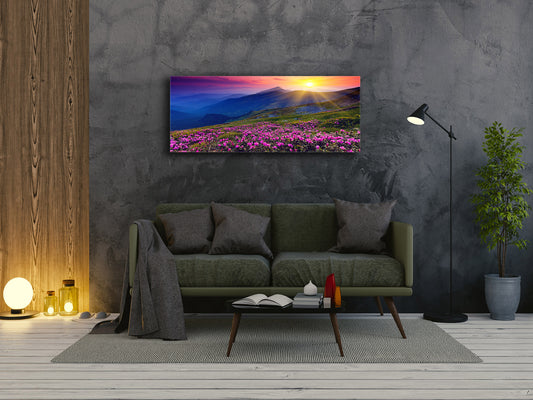 Graphic Art Print on Glass – Available in 5 different sizes – Nature Series 01B: Sunset over the flowery mountainside