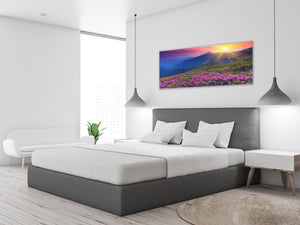 Graphic Art Print on Glass – Available in 5 different sizes – Nature Series 01B: Sunset over the flowery mountainside