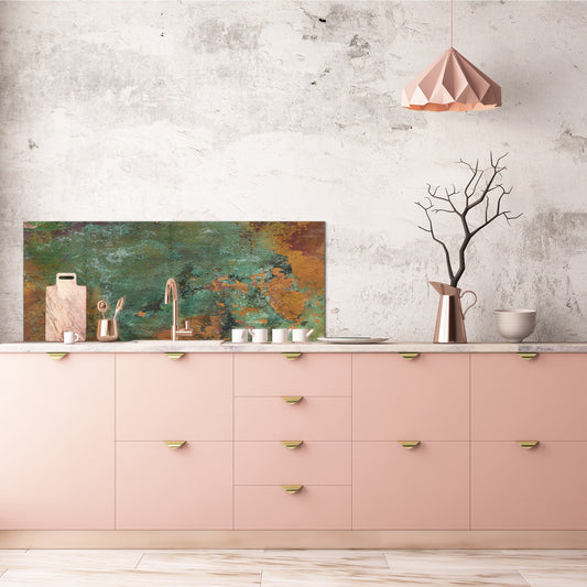 Stunning glass wall art  - Wide format wall backsplash Rusted textures Series: Old copper oxidation