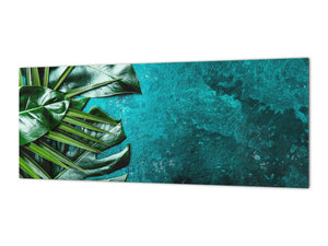 Stunning glass wall art - Wide format kitchen backsplash with and without metal back-coating - Tropical Leaves Series: Tropical leaves background