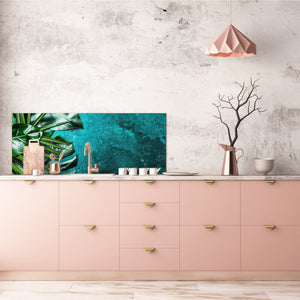 Stunning glass wall art - Wide format kitchen backsplash with and without metal back-coating - Tropical Leaves Series: Tropical leaves background
