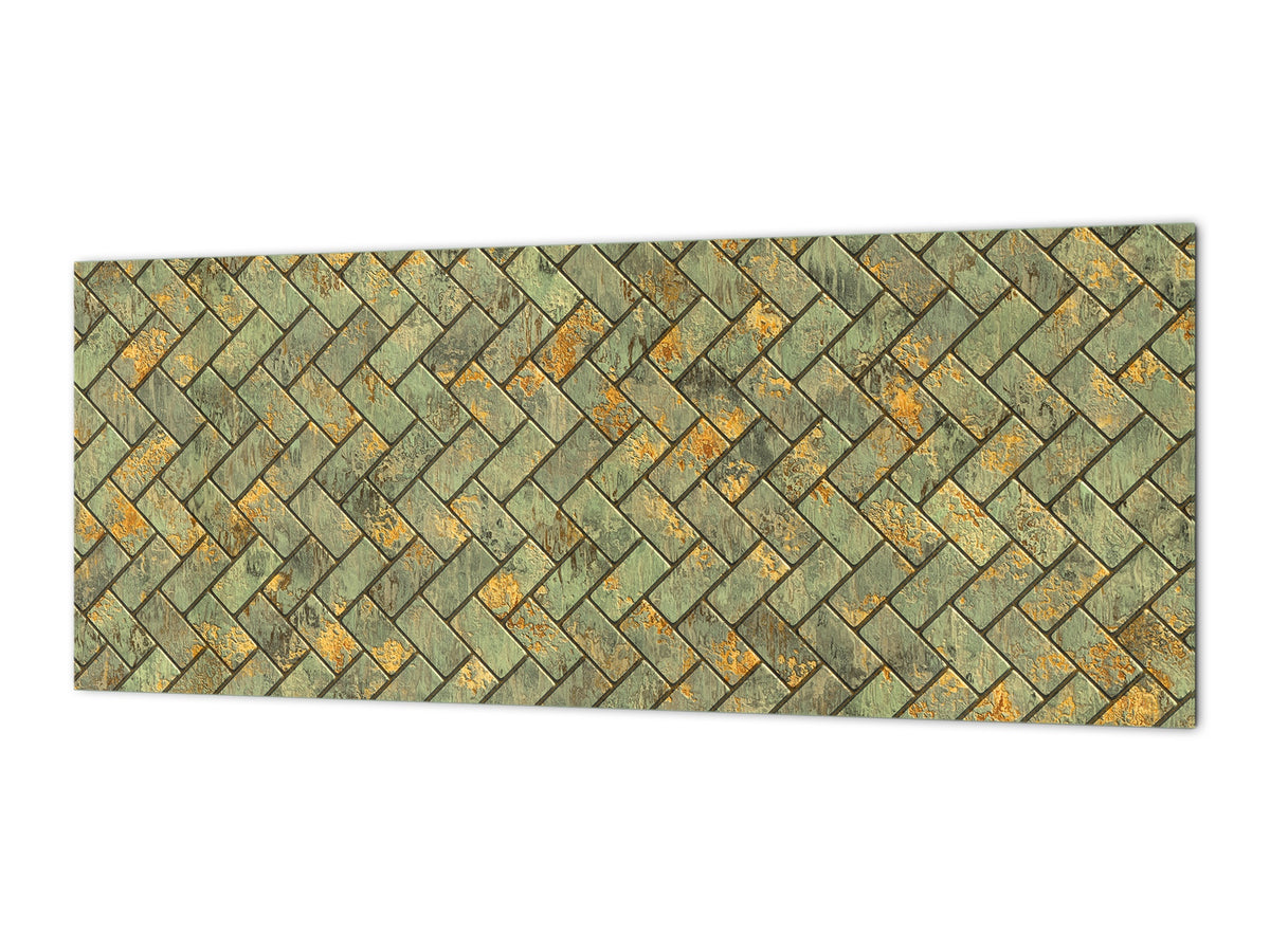 Toughened printed glass backsplash - Kitchen wall panel: Textures and tiles 1 Series Oxidized copper ornament: Tiny golden tiles