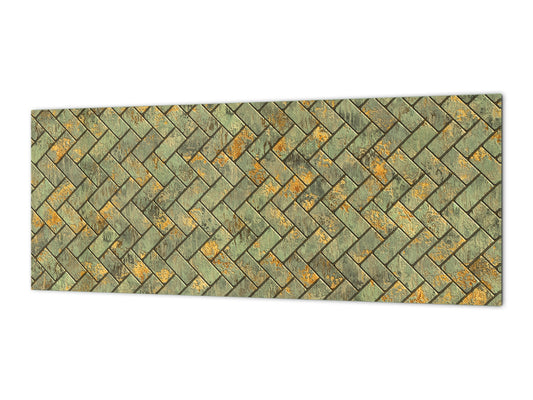 Toughened printed glass backsplash - Kitchen wall panel: Textures and tiles 1 Series Oxidized copper ornament: Tiny golden tiles