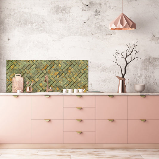Toughened printed glass backsplash - Kitchen wall panel: Textures and tiles 1 Series Oxidized copper ornament: Tiny golden tiles
