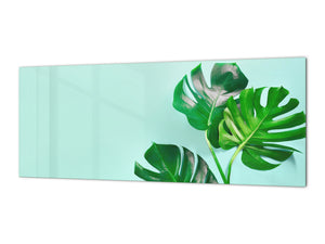 Stunning glass wall art - Wide format kitchen backsplash with and without metal back-coating - Tropical Leaves Series: Monstera summer leaves
