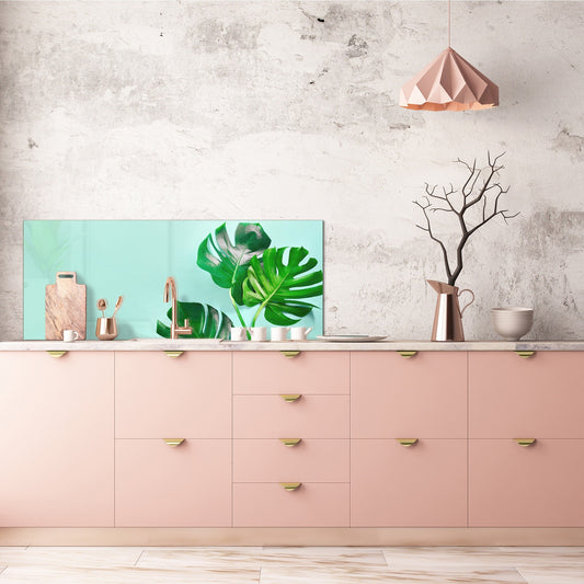 Stunning glass wall art - Wide format kitchen backsplash with and without metal back-coating - Tropical Leaves Series: Monstera summer leaves