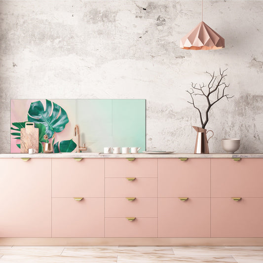 Stunning glass wall art - Wide format kitchen backsplash with and without metal back-coating - Tropical Leaves Series: Monstera on pink background