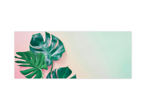 Stunning glass wall art - Wide format kitchen backsplash with and without metal back-coating - Tropical Leaves Series: Monstera on pink background
