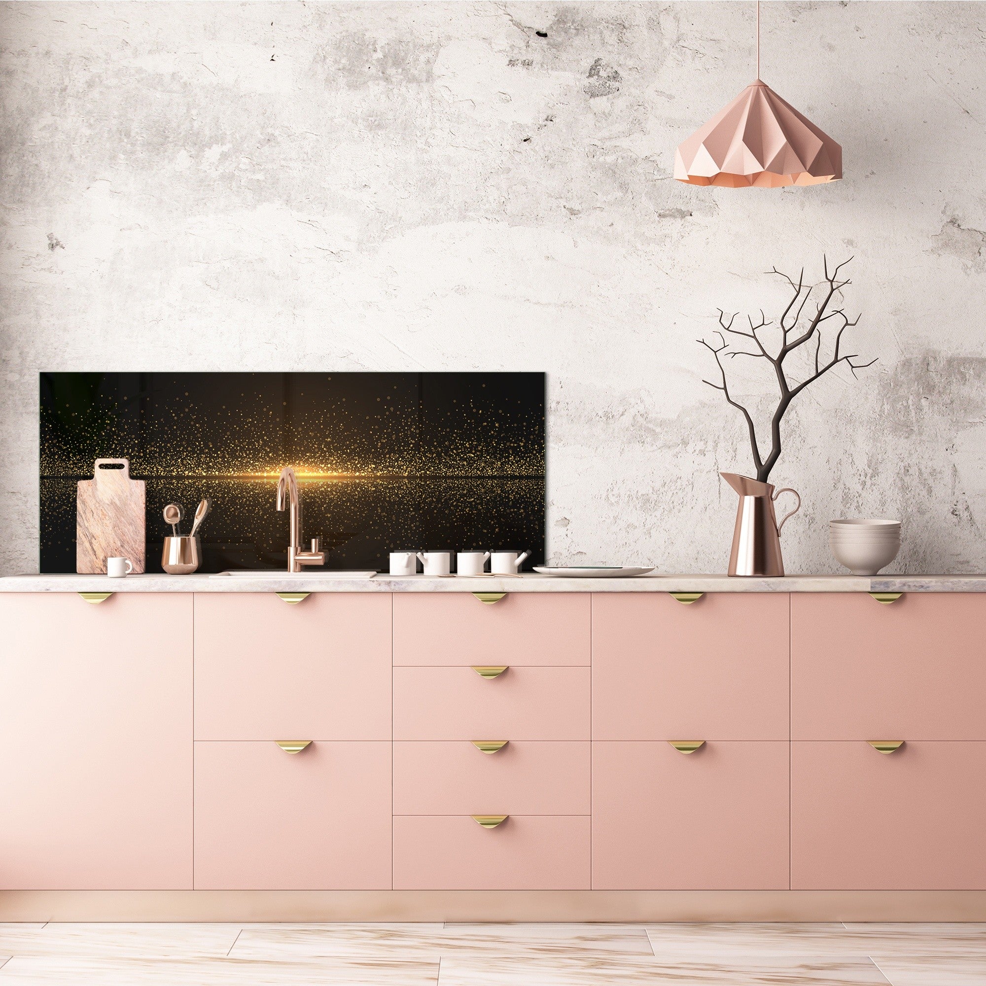 Design glass backsplash - Tempered Glass splashback - Golden Waves Series: Sparkling golden dust