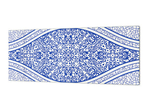 Printed glass horizontal splashback -  Tempered Glass Wall Panel Cities Series BBS22:  Vintage leaves and patterns Series: Blue Spanish mosaic