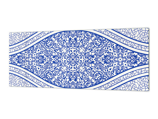 Printed glass horizontal splashback -  Tempered Glass Wall Panel Cities Series BBS22:  Vintage leaves and patterns Series: Blue Spanish mosaic