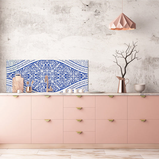 Printed glass horizontal splashback -  Tempered Glass Wall Panel Cities Series BBS22:  Vintage leaves and patterns Series: Blue Spanish mosaic