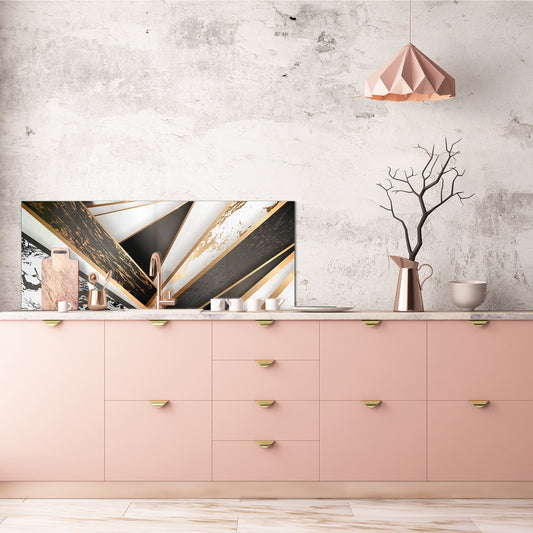 Stylish glass backsplash - Photo glass upstand w/wo magnetic properties - Decorative Surfaces Series: Black and white interwoven with gold 2