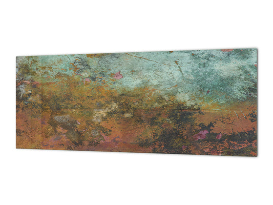 Stunning glass wall art  - Wide format wall backsplash Rusted textures Series: Colorfoul tarnished copper