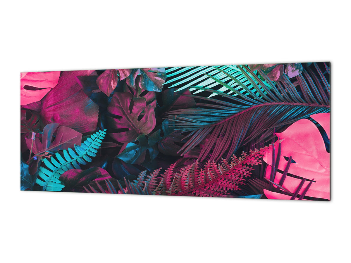 Printed glass horizontal splashback -  Tempered Glass Wall Panel Cities Series BBS22:  Vintage leaves and patterns Series: Abstract tropical leaves