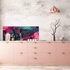 Printed glass horizontal splashback -  Tempered Glass Wall Panel Cities Series BBS22:  Vintage leaves and patterns Series: Abstract tropical leaves