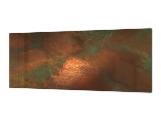 Stunning glass wall art  - Wide format wall backsplash Rusted textures Series: Oxidized copper with green accents