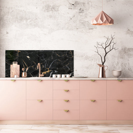 Contemporary glass kitchen panel - Wide format wall backsplash Marbles 2 Series: Gold ripples on black background