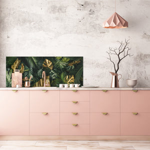 Stunning glass wall art - Wide format kitchen backsplash with and without metal back-coating - Tropical Leaves Series: Gold-green jungle