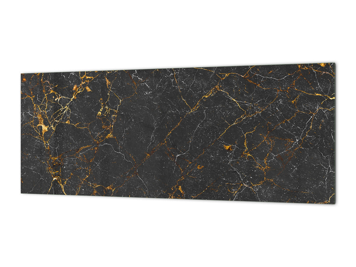 Contemporary glass kitchen panel - Wide format wall backsplash Marbles 2 Series: Black interwoven with gold