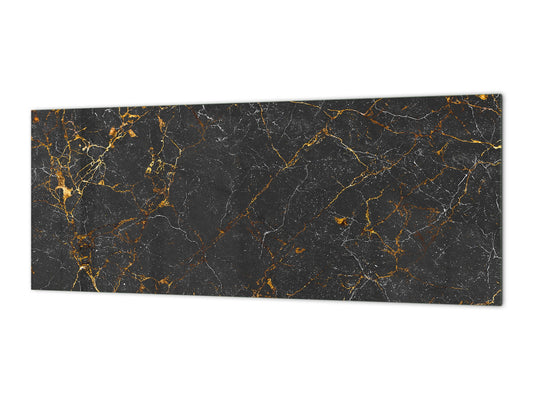 Contemporary glass kitchen panel - Wide format wall backsplash Marbles 2 Series: Black interwoven with gold