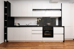 Contemporary glass kitchen panel - Wide format wall backsplash Marbles 2 Series: Black interwoven with gold