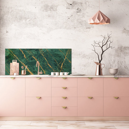 Design glass backsplash - Tempered Glass splashback with or without magnetic properties - Marbles 1 Series Green marble with golden veins 2