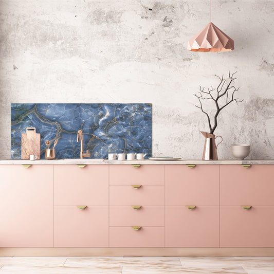 Design glass backsplash - Tempered Glass with or without magnetic properties Marbles 1 Series: Blue marble with light reflections