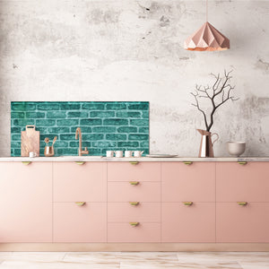 Toughened printed glass backsplash - Kitchen wall panel: Textures and tiles 1 Series Oxidized copper ornament: Green vintage brick