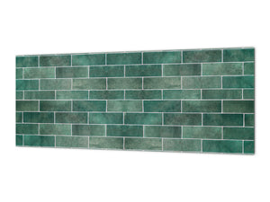 Toughened printed glass backsplash - Kitchen wall panel: Textures and tiles 1 Series Oxidized copper ornament: Green vintage ceramic tiles 2