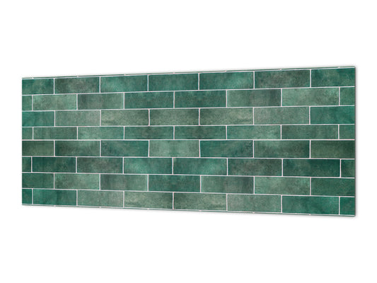 Toughened printed glass backsplash - Kitchen wall panel: Textures and tiles 1 Series Oxidized copper ornament: Green vintage ceramic tiles 2