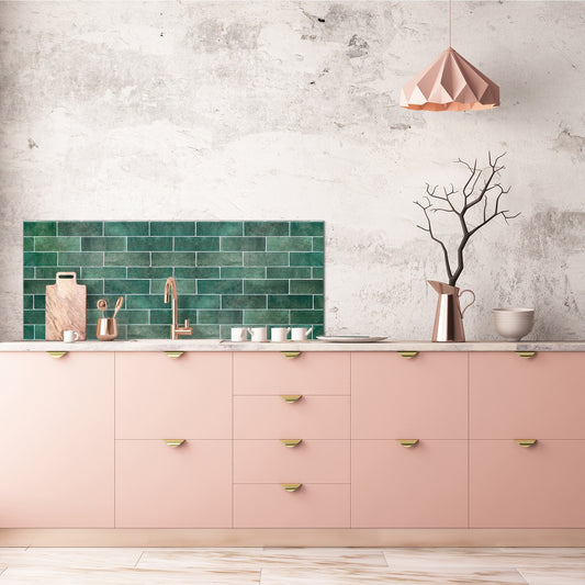 Toughened printed glass backsplash - Kitchen wall panel: Textures and tiles 1 Series Oxidized copper ornament: Green vintage ceramic tiles 2