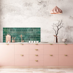 Toughened printed glass backsplash - Kitchen wall panel: Textures and tiles 1 Series Oxidized copper ornament: Green vintage ceramic tiles 2