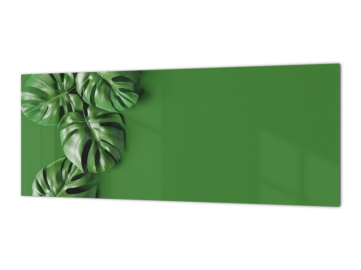 Stunning glass wall art - Wide format kitchen backsplash with and without metal back-coating - Tropical Leaves Series: Green monstera deliciosa