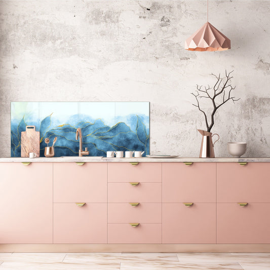 Design glass backsplash - Tempered Glass with or without magnetic properties Marbles 1 Series: Blue marble leaves